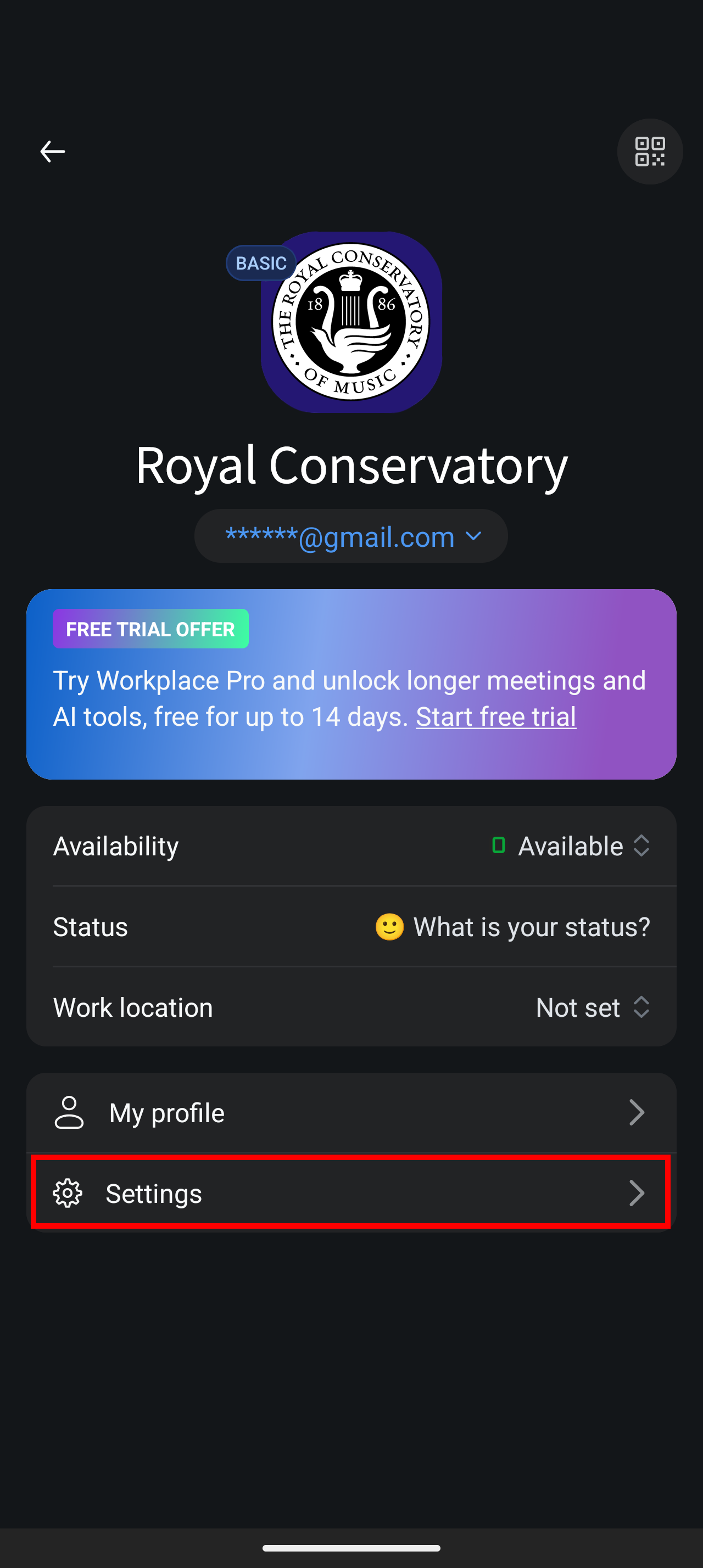 Screenshot highlighting the settings option in the Zoom Profile