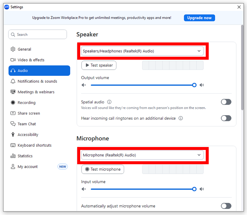 Screenshot of the Speaker and Microphone dropdown menus