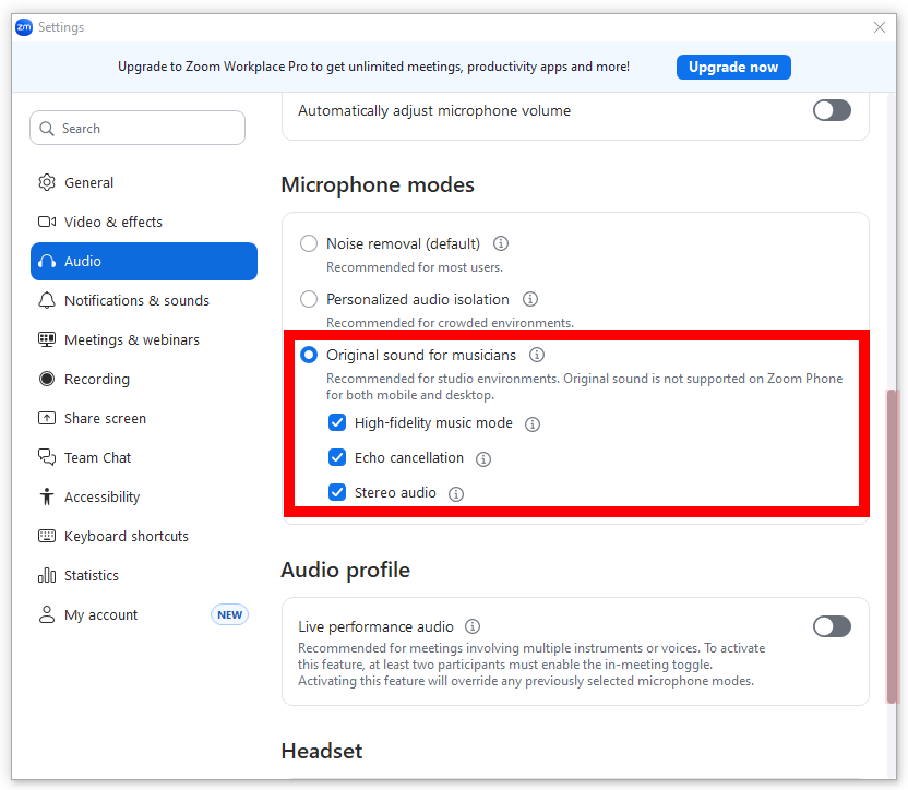 Screenshot of the selected modes needed