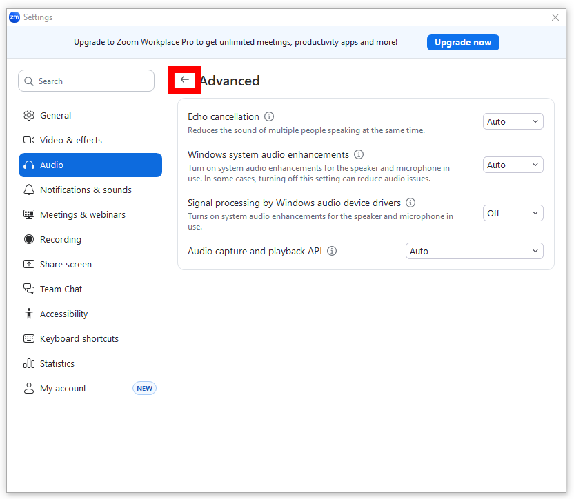 Screenshot of back arrow
