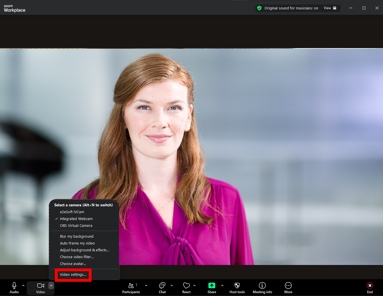 Screenshot highlighting the Video Settings option  in Zoom